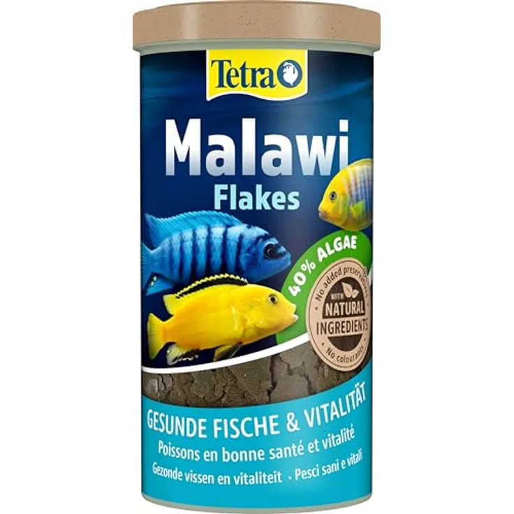 Tetra Malawi Flakes, Fischfutter in Flockenform für pflanzenfressende Cichliden, 1 L Dose mit Algenmischung aus Spirulina und Chlorella