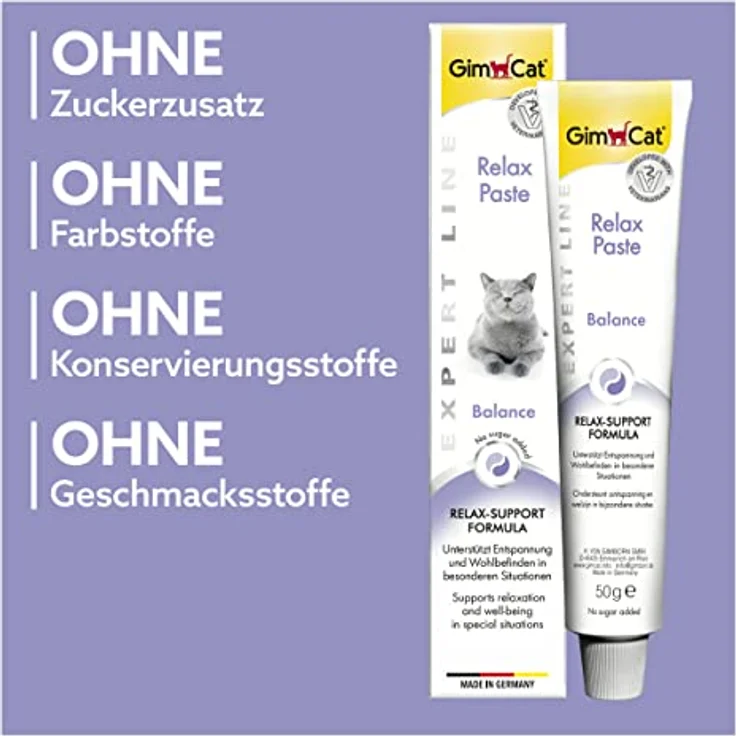 GimCat Relax Paste 50 g, Katzenfutter mit Eschscholtzienkraut, L-Tryptophan und Vitamin B-Komplex, laktosefrei und ohne Zusatzstoffe – Bild 4