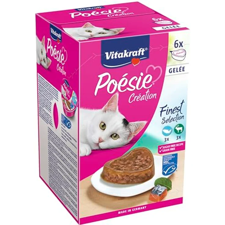 Vitakraft Poésie Création, Finest Selection Nassfutter Katze, Gelee mit Lachs und Spinat, Wild in Cranberry Gelee, ohne Zucker und Getreide, 6x85g – Bild 1