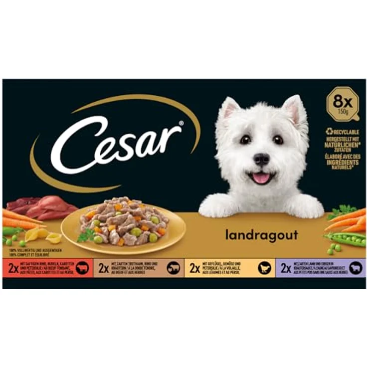 Cesar Schale Multipack Landragout, 4 Varietäten 8x150g, 100% ausgewogenes Hundefutter, ohne Zucker, mit natürlichen Zutaten – Bild 3