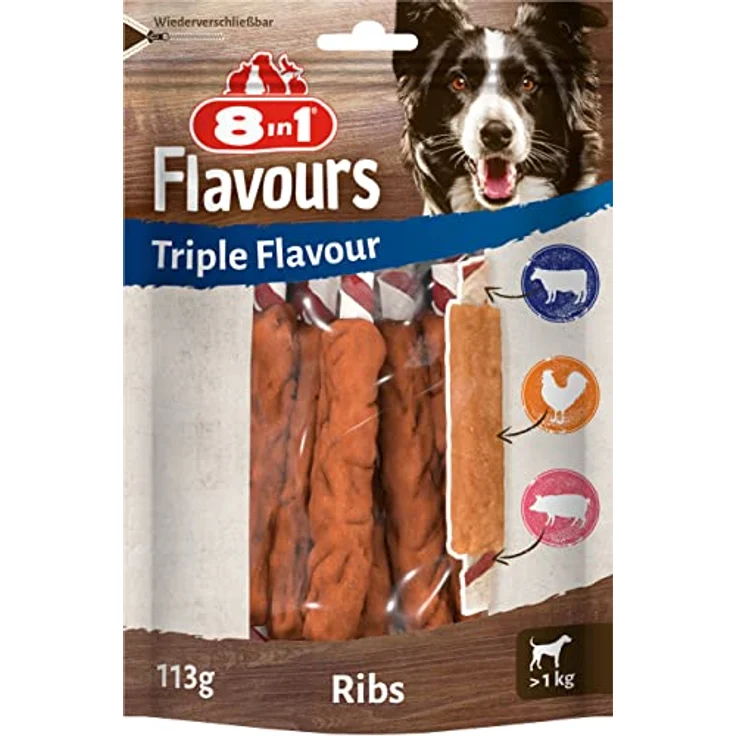 8in1 Triple Flavour Ribs Kaustangen für Hunde, Kausnacks mit extra viel Fleisch, 113g Beutel, reich an Proteinen, fettarm, 3 Geschmacksrichtungen – Bild 1
