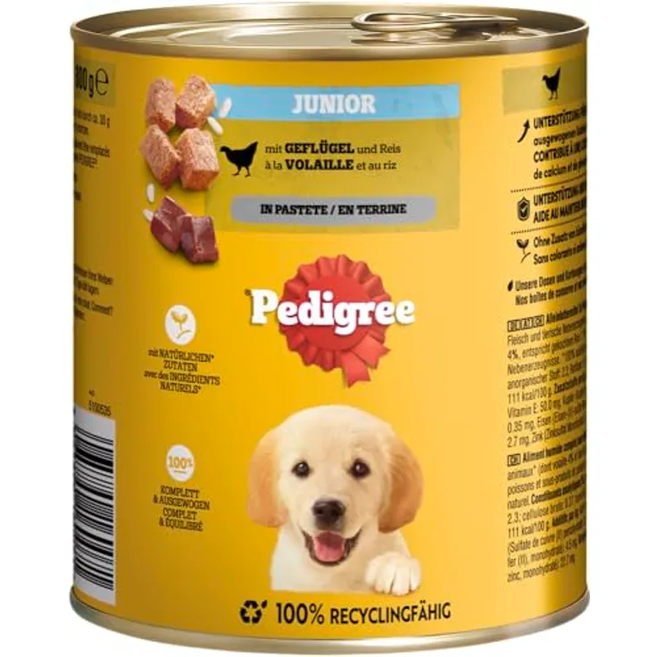 Pedigree Classic 12 x 800 g Junior, Hunde-Nassfutter in feiner Pastete mit Geflügel, ohne Zuckerzusatz