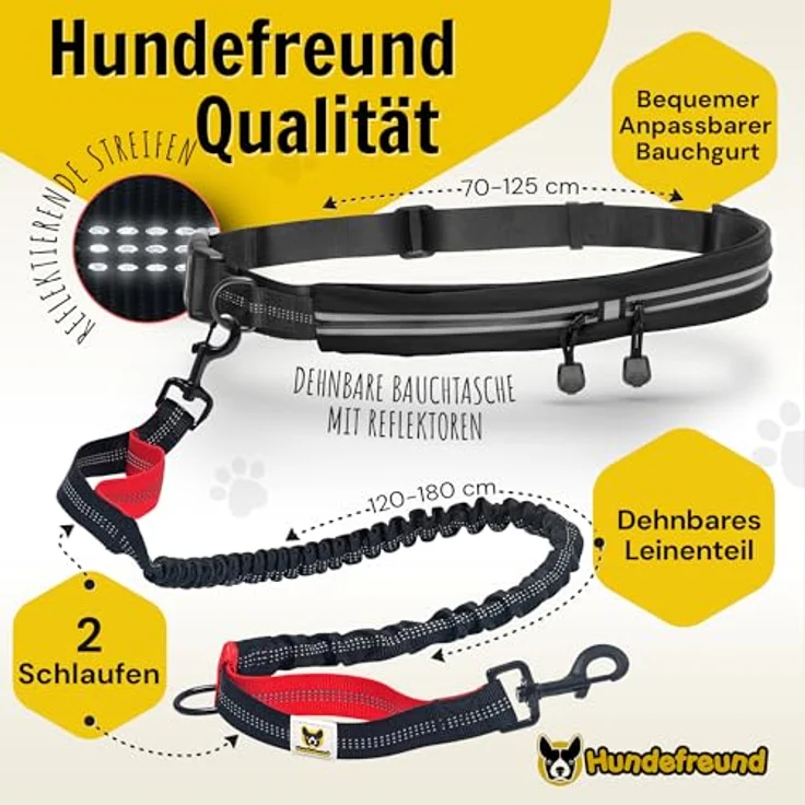Hundefreund Joggingleine mit Bauchgurt Schwarz, Elastische Ruckdämpfende Leine für Hunde bis 70 kg, Reflektierend, Freie Hände zum Joggen Radfahren Wandern – Bild 3