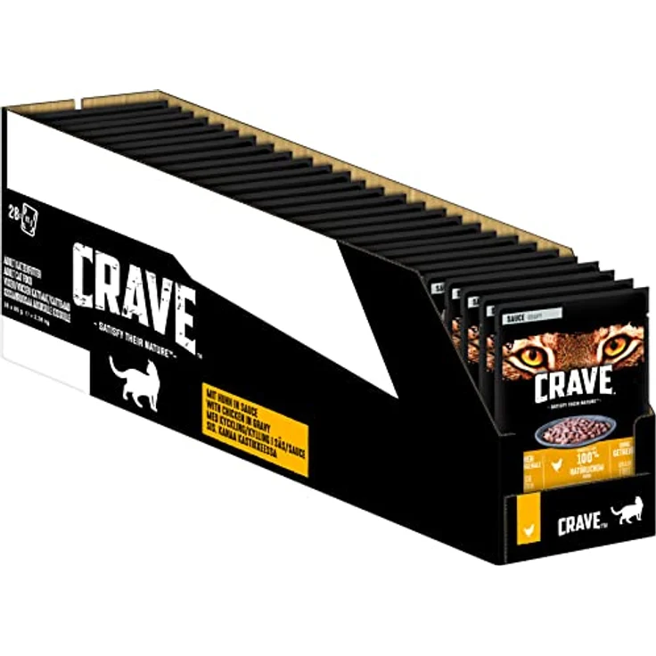 CRAVE Katze Portionsbeutel Sauce mit Huhn, 28 x 85g, proteinreiche Katzennahrung für starke Katzen – Bild 1