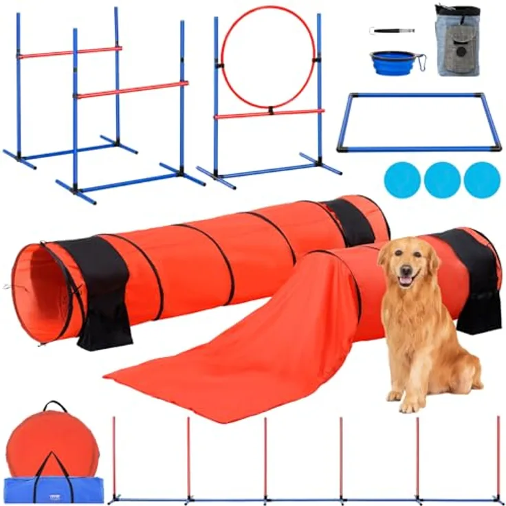 VEVOR Agility Set Hunde, 7-teiliges Upgrade-Set mit verstellbaren Hürden, Slalomstangen, Tunneln, Sprungring und Zubehör für Agility-Training