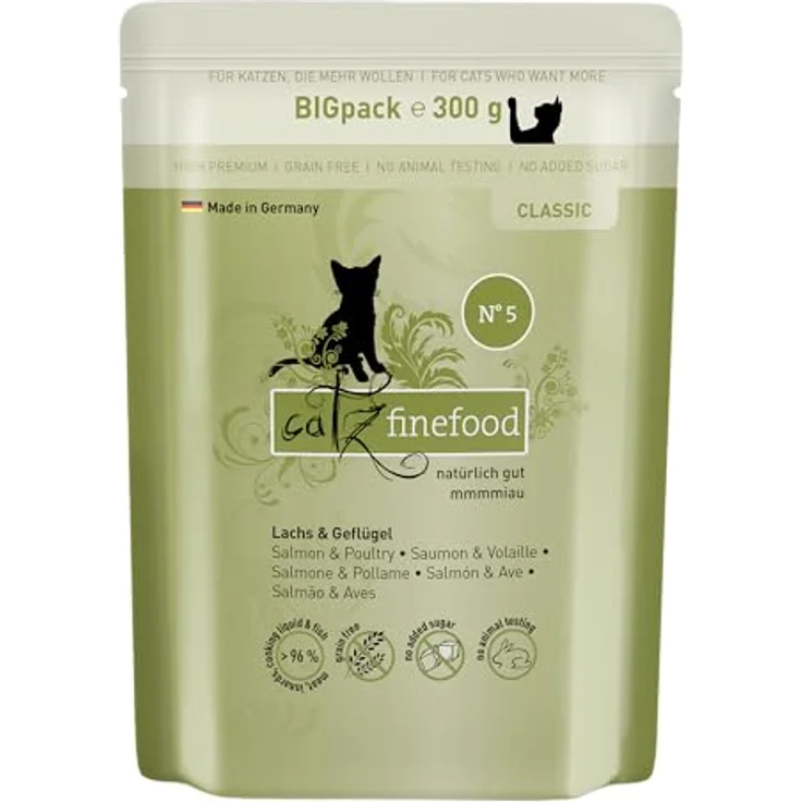 catz finefood Classic N° 5 Lachs & Geflügel, Gourmet Nassfutter für Katzen, 6 x 300g Beutel, ohne Zucker & Getreide, glutenfrei, hoher Fleischanteil, Made in Germany – Bild 1