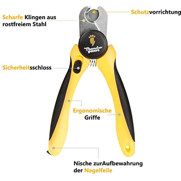 Thunderpaws Professionelle Krallenschere für Hunde, Edelstahlklingen, ergonomische Gummigriffe, Sicherheitsschloss, Nagelfeile, Mittel bis Groß, Gelb – Bild 5