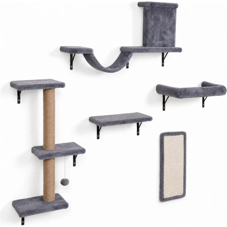 KOMFOTTEU 5 in 1 Katzen Kletterwand, graues Katzenwandmöbel Set mit Kratzbaum, Ruheplattformen, Katzenhöhle und Sisal-Kratzbrett für kleine Wohnungen