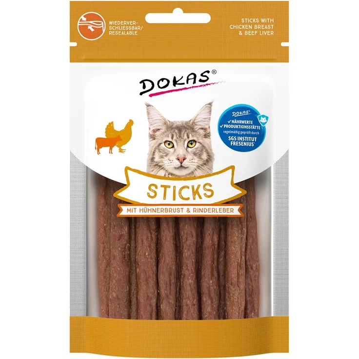 Dokas Sticks mit Hühnerbrust und Rinderleber, Katzensnacks mit natürlichem Kollagen, 30g