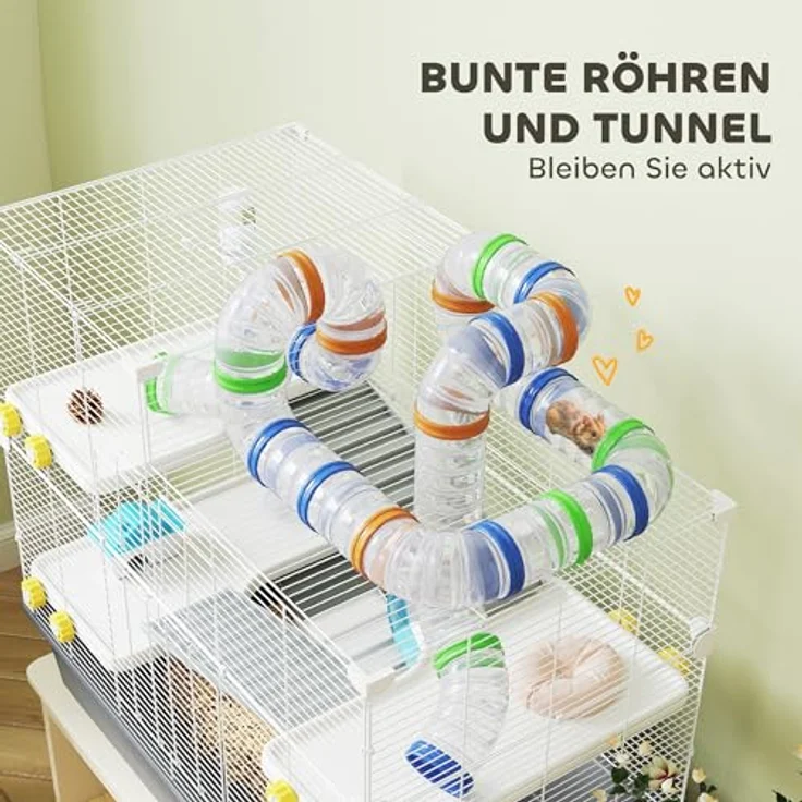 PawHut Hamsterkäfig 4 Etagen, Nagerkäfig mit Laufrad, Tunnel und Futternapf, grau, 78 x 45 x 73 cm für Syrischen Hamster – Bild 4