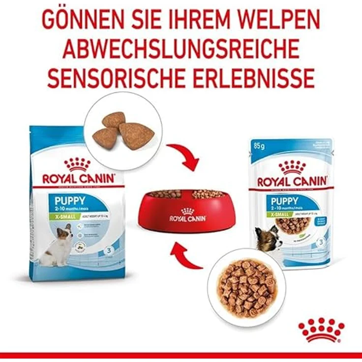 ROYAL CANIN X-Small Puppy, Feuchtnahrung für kleine Hundewelpen, 12 x 85 g, mit Häppchen in Soße, bis 10 Monate, nährstoffreiche Rezeptur – Bild 5