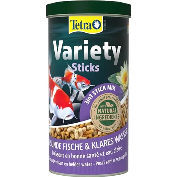 Tetra Pond Variety Sticks, Fischfutter-Mix für Teichfische mit orangefarbenen, beigen und braunen Sticks, 1 L Dose für gesunde Ernährung und Farbenpracht – Bild 1