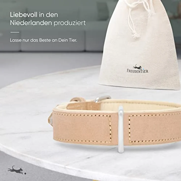 FREUDENTIER® Hundehalsband Modell “Amstelpark”, aus gefüttertem Vollnarbenleder, 32-42cm Halsumfang, in Sand, Made in EU, komfortabel und langlebig – Bild 3