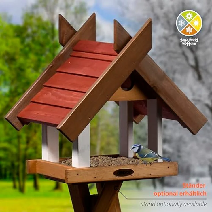 dobar® Großes Vogelhaus Herbstfrüchte, Futterstation für Wildvögel mit großem Futtertablett, 36 x 28,5 x 33,5 cm, Braun/Rot/Weiß – Bild 5
