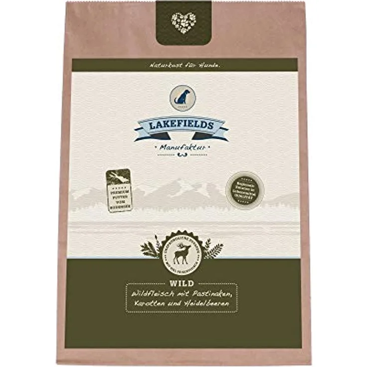 Lakefields Premium Trockenfleisch-Menü Wild Hundefutter mit Pastinaken, Karotten und Heidelbeeren, 2 x 2.5 kg, 100% getreidefrei, hypoallergen