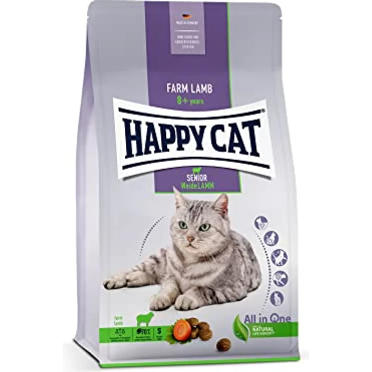 Happy Cat 70615 Senior Weide Lamm, Katzen-Trockenfutter für Senioren ab 8 Jahren, leicht verdauliche Rezeptur mit Lamm, 4 kg – Bild 1