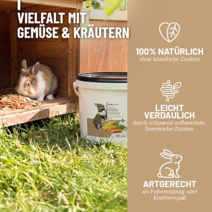 ReaVET Natur Nagerfutter 10 L – Ergänzungsfutter für Kaninchen, Meerschweinchen, Hamster & Mäuse, ohne künstliche Zusätze, mit Gemüseflocken, Kräutern & Getreide – Bild 2