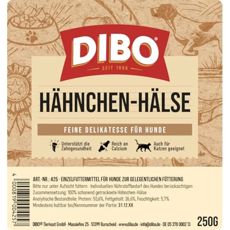 DIBO Hähnchenhälse, Hundesnack mit hoher Calciumquelle für Wachstum und Knochenbau, 250g – Bild 3