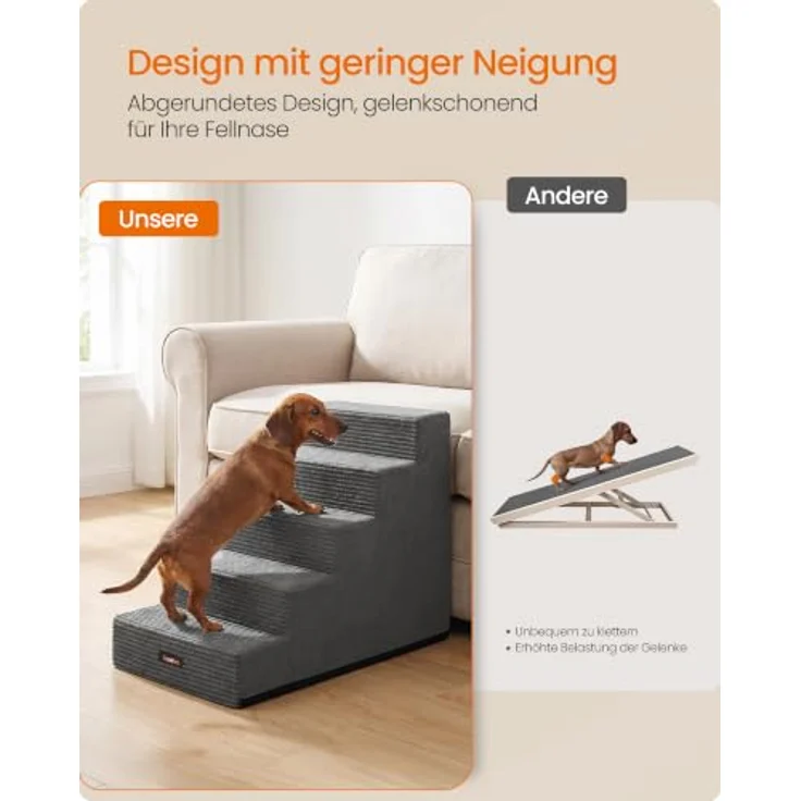 Feandrea Hundetreppe Baddi Kollektion PPS025GN01, 5-stufige Katzentreppe aus Schaumstoff, 76 x 40 x 57 cm, bleigrau, waschbar und rutschfest für kleine Hunde – Bild 3