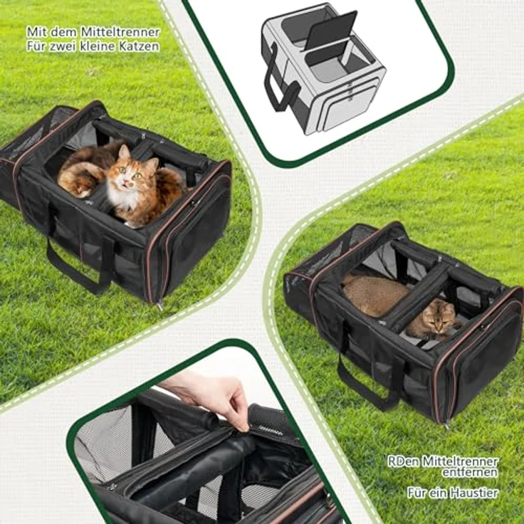 LitaiL Faltbare Katzentransportbox für 2 Katzen oder große Katze, mit zwei wasserdichten Katzentoiletten, atmungsaktiv und waschbar, Schwarz – Bild 4