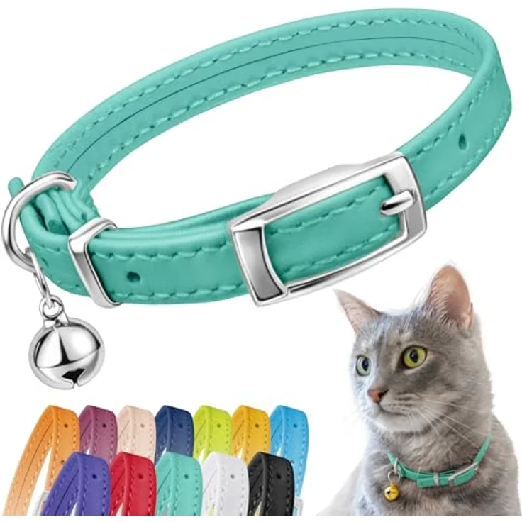 CollarDirect Leder Katzenhalsband mit Sicherheitsverschluss und Glocke, 21,5 cm, mintgrün, handgefertigt aus echtem Leder – Bild 1