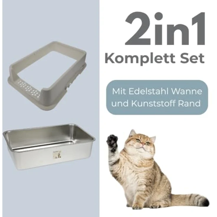 GarPet Katzentoilette 2er Set, XXL Edelstahl Katzenklo mit hohem Rand, silber, 60 x 40 x 26.5 cm – Bild 4