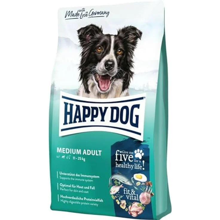 Happy Dog Supreme fit & vital Medium Adult, Hunde-Trockenfutter für mittelgroße Hunde, 12 kg, weizenfrei, mit Lachs und Seefisch, made in Germany