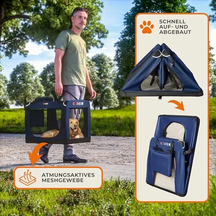CADOCA® faltbare Hundebox Transportbox L 70x52x50cm, robust und atmungsaktiv, für Auto-Rückbank, Navyblau – Bild 5