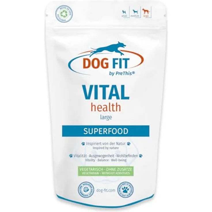 DOG FIT by PreThis® VITAL Health, Ganzheitliche Superfood-Kur für Hunde mit Vitalpilzen & Mikronährstoffen, hohe Reinheit, ohne Zusätze, Größe L (> 25 kg)