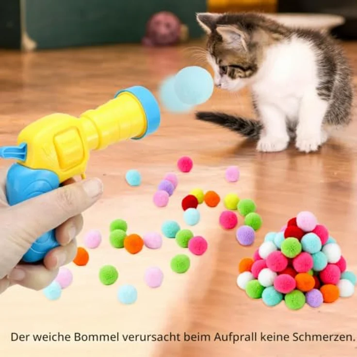 QWORK® Interaktives Katzenspielset, Katzenspielballwerfer mit 100 bunten Pompons, für Indoor-Training und natürliche Jagdinstinkte – Bild 4