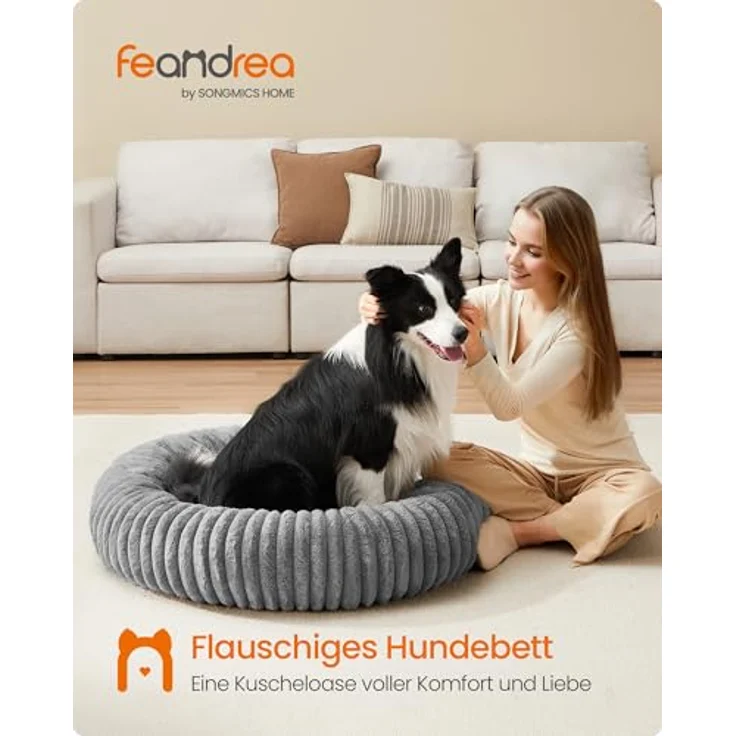 Feandrea PGW306GD01, extra großes Hundebett mit 100 cm Durchmesser, waschbar, rutschfest, Taubengrau, weiche Polsterung und erhöhter Rand – Bild 2