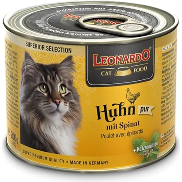 LEONARDO Katzen Nassfutter Superior Selection, Huhn mit Spinat, getreidefrei, ohne Zucker, 6x200g Dose, für ausgewachsene Katzen, Made in Germany – Bild 2