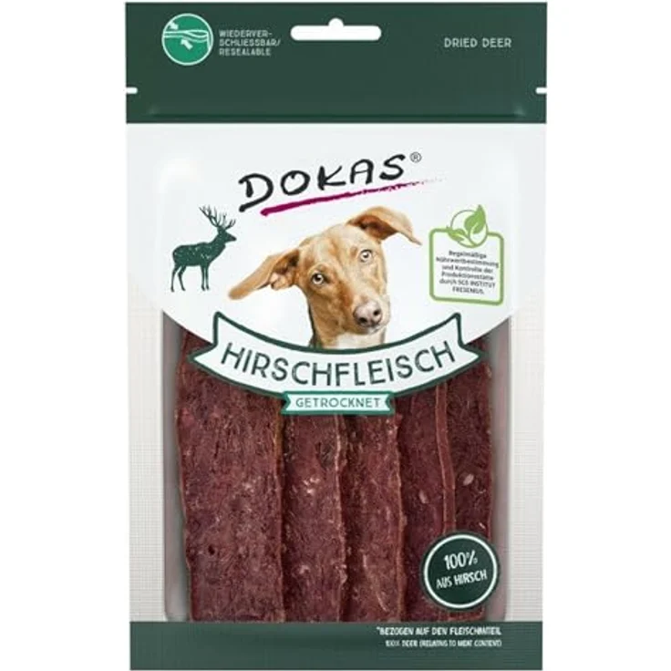 Dokas Hirschfleisch getrocknet, Hundesnack aus luftgetrockneten Streifen, 60g – Bild 2