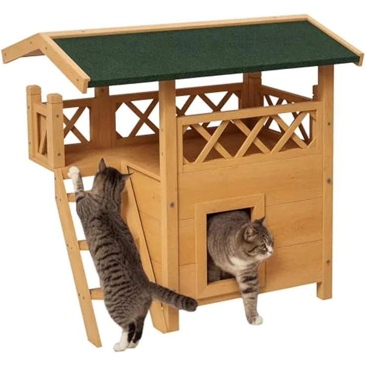 PawHut Katzenhaus mit Asphaltdach, 2-stöckig, Katzenhütte mit Balkon und Treppe aus massivem Fichtenholz, Natur, 77 x 50 x 73 cm – Bild 1