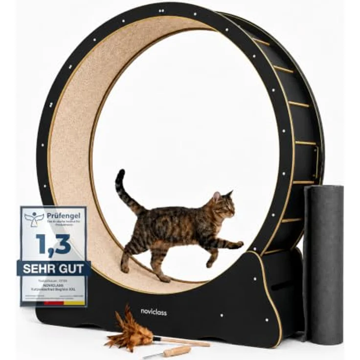 noviclass® Katzenlaufrad Baghira Groß XXL, 132 cm Durchmesser, inkl. Anti-Vibrationsmatte, kurzfloriger Teppich in Schwarz mit beigem Teppich – Bild 1