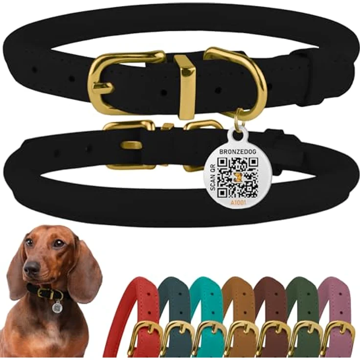 BRONZEDOG Hundehalsband gerolltes Leder mit QR-ID-Tag, verstellbar, weich, rund, für Hunde und Katzen, Schwarz (23-28 cm) – Bild 1