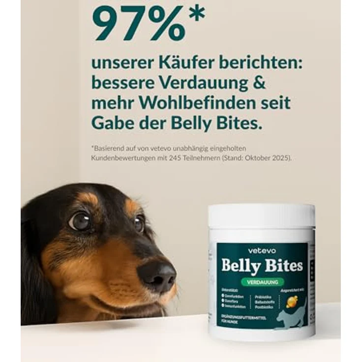 vetevo Belly Bites 2.0, Verdauungssnacks für Hunde mit Flohsamenschalen, Heilmoor & Probiotika, zur Unterstützung der Darmflora, mit Ente – 300 g Dose – Bild 2
