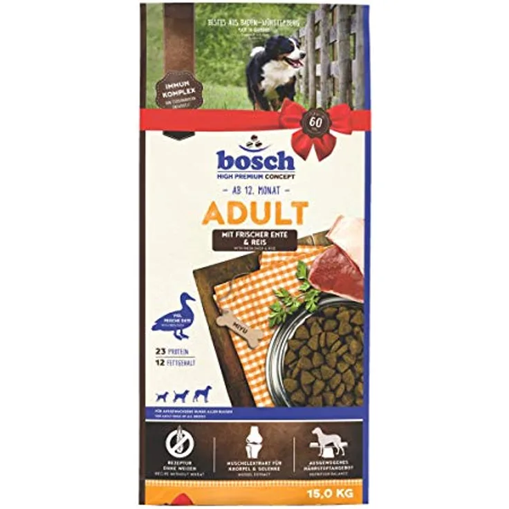 bosch HPC Adult mit Ente & Reis, weizenfreies Hundetrockenfutter für ausgewachsene Hunde, 1 x 15 kg, immunstärkend und leicht verdaulich