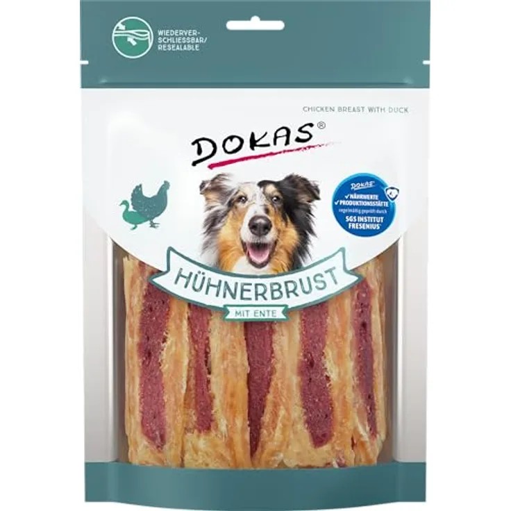 DOKAS Getreidefreier Premium Snack Hühnerbrust & Ente, 220 g, fettarm, soja- und glutenfrei für Hunde