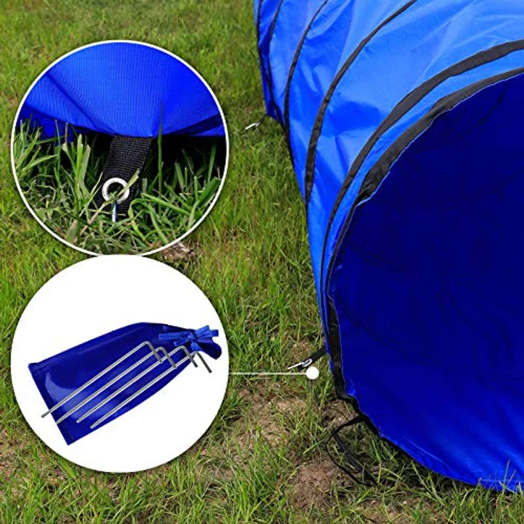 lionto Outdoor Tunnel für Hunde, 200x40 cm, Faltbarer Agility Tunnel mit Heringen aus reißfestem Material, blau – Bild 4