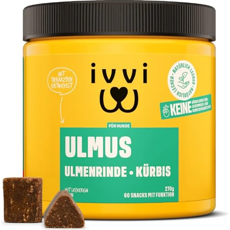 ivvi Ulmus Hundesnacks, Weiche Ulmenrinde Snacks mit Kürbis & Leinsamen, 30% Huhn für sensible Hunde, 270g, 60 Stück