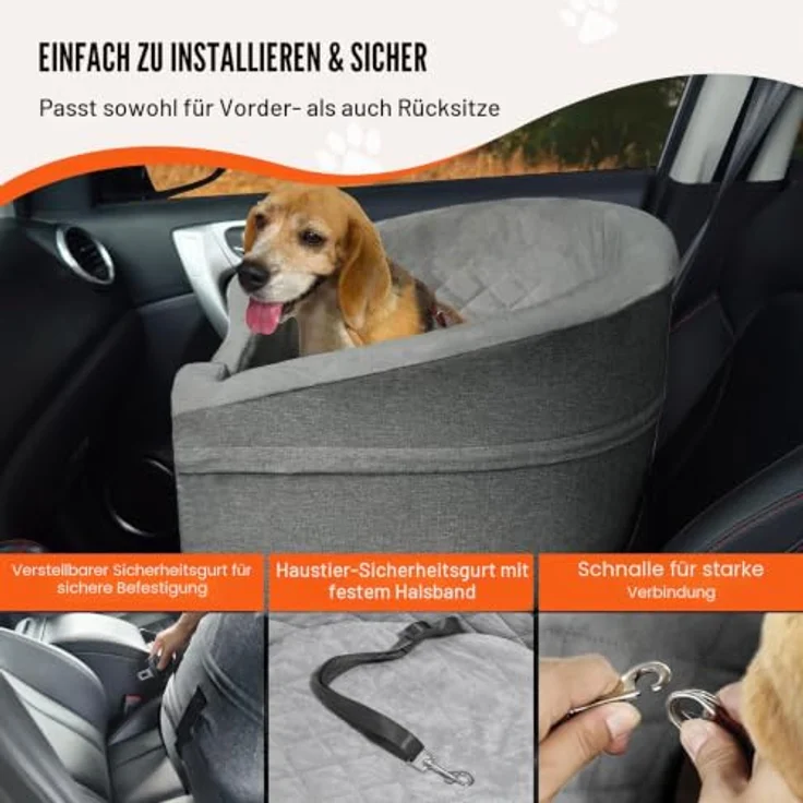 VEVOR Hunde Autositz, 560 x 508 x 410 mm, mit Aufbewahrungstasche, Sicherheitsleine und Schwammfüllung, für kleine und mittelgroße Hunde bis 25 kg, Grau – Bild 4