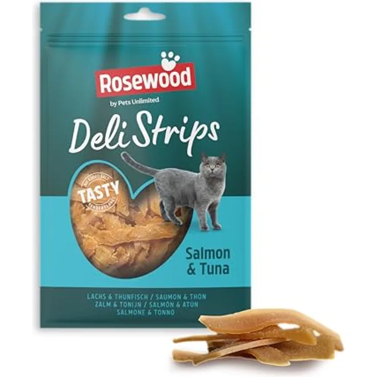 Rosewood Deli Strips Lachs & Thunfisch, fettarme Katzensnacks mit 65% Lachsanteil, 40 g, ohne künstliche Zusatzstoffe