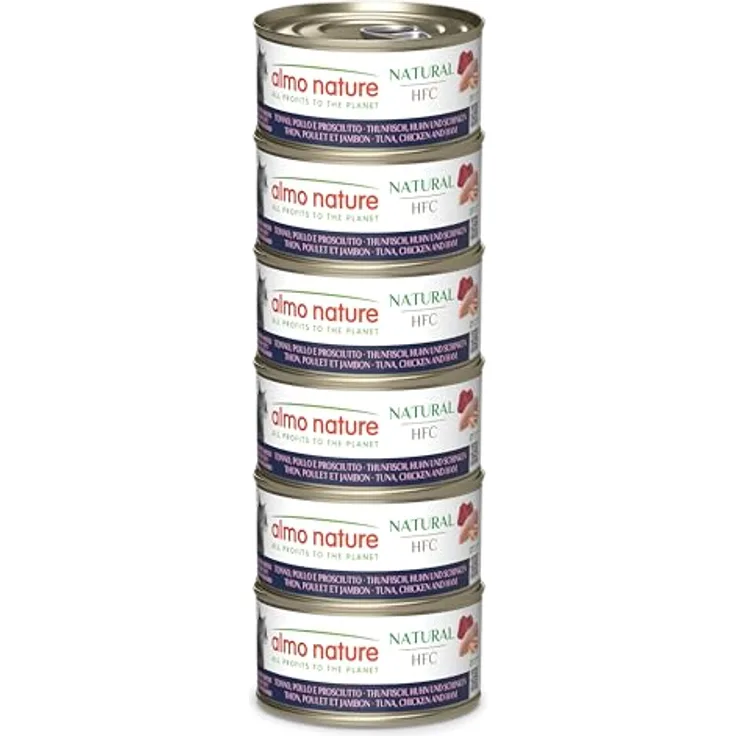 Almo Nature HFC Natural Nassfutter für Katzen, Thunfisch, Huhn & Schinken, 100% natürlich, glutenfrei, 6 x 70g