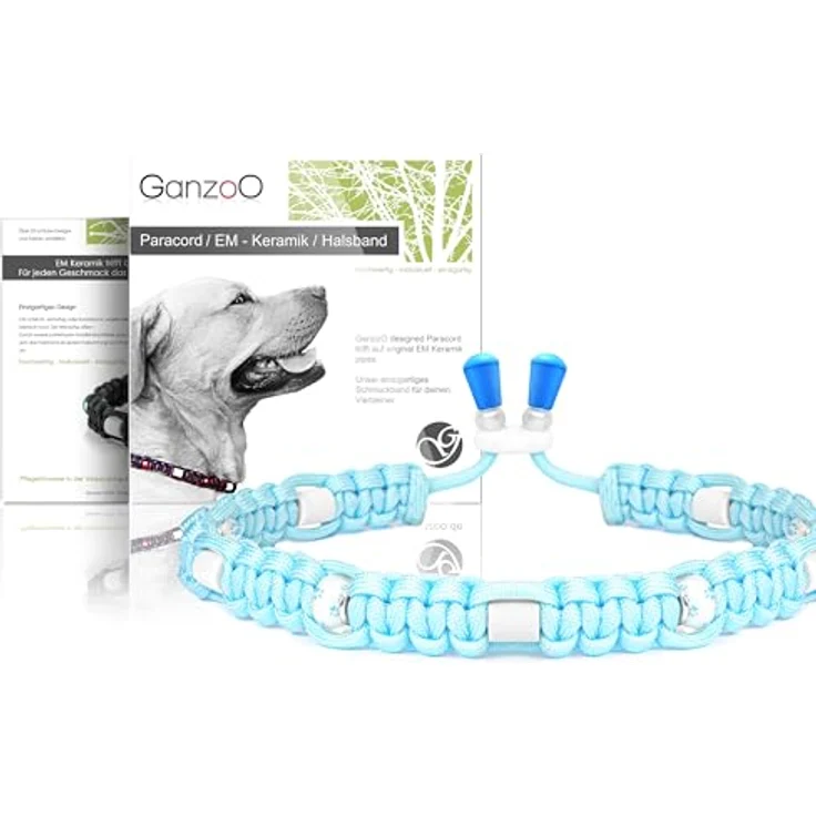 Ganzoo Zier-Halsband für Hunde aus Paracord 550 mit EM Keramik Pipes und Zierperlen, Größe L 52-64 cm, Kordelstopper, Knopfverschluss, Farbe Himmelsblau Pfote, geflochten – Bild 1