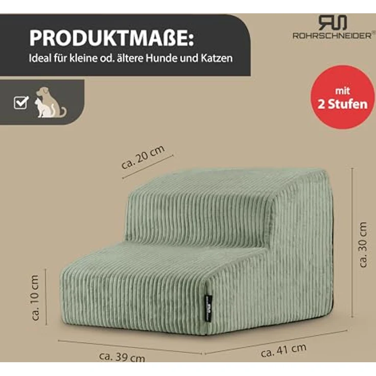 Rohrschneider Hundetreppe für kleine Hunde, rutschfeste Katzentreppe mit waschbarem Cordbezug und Schaumstofffüllung, Made in EU, Salbei – Bild 2