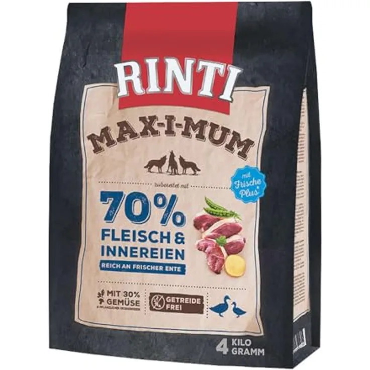 Rinti MAX-I-MUM Ente, getreidefreies Hundefutter mit 70% Fleisch & Innereien, 4 kg
