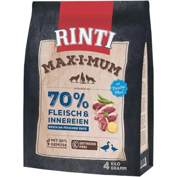 Rinti MAX-I-MUM Ente, getreidefreies Hundefutter mit 70% Fleisch & Innereien, 4 kg