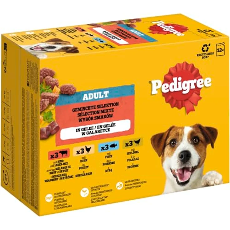 Pedigree DOGCARE Pouch Nassfutter, Mixed Chunks in Jelly, 12x100g, für ausgewachsene Hunde mit natürlichen Zutaten und Vitamin E – Bild 1