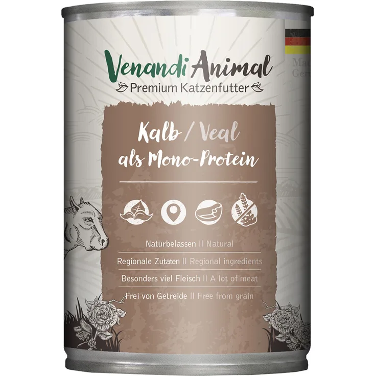 Venandi Animal Monoprotein 6 x 400 g, Katzen-Nassfutter mit Kalb, geeignet für sensible Katzen, ohne Getreide und Zuckerzusatz